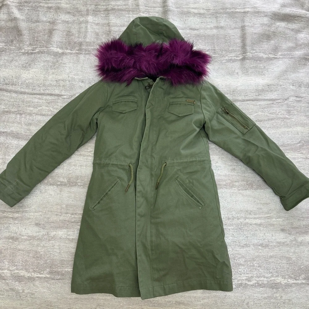 Guess Girls Green Parka with Purple Faux Fur Trim, Size 8